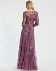 Purple Long Sleeve High Neck Beaded Gown