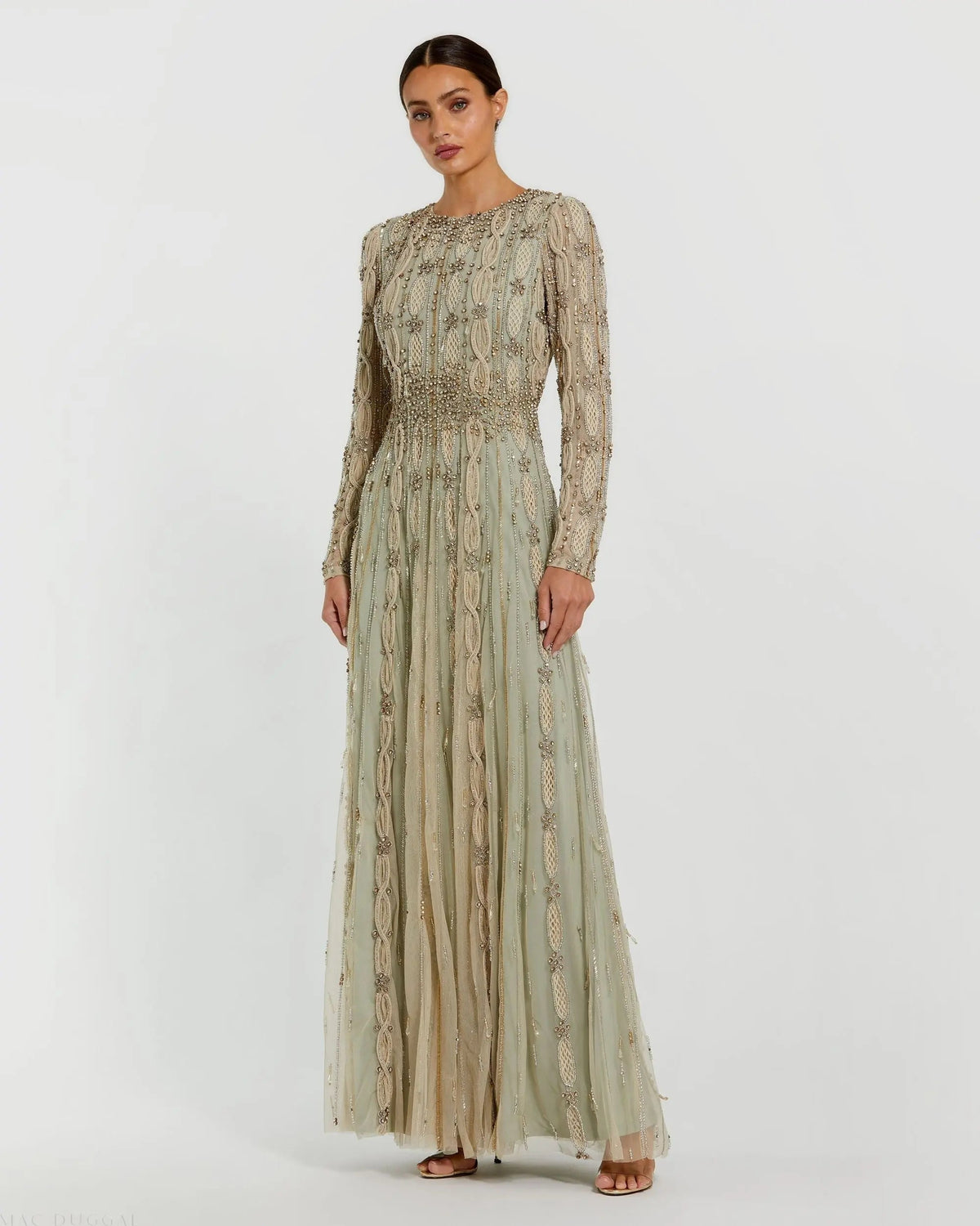 Green Embellished Mesh Long Sleeve A Line Gown