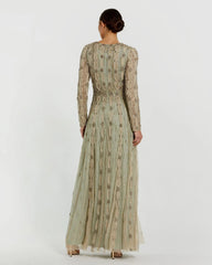 Green Embellished Mesh Long Sleeve A Line Gown