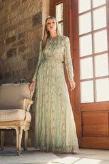 Green Embellished Mesh Long Sleeve A Line Gown