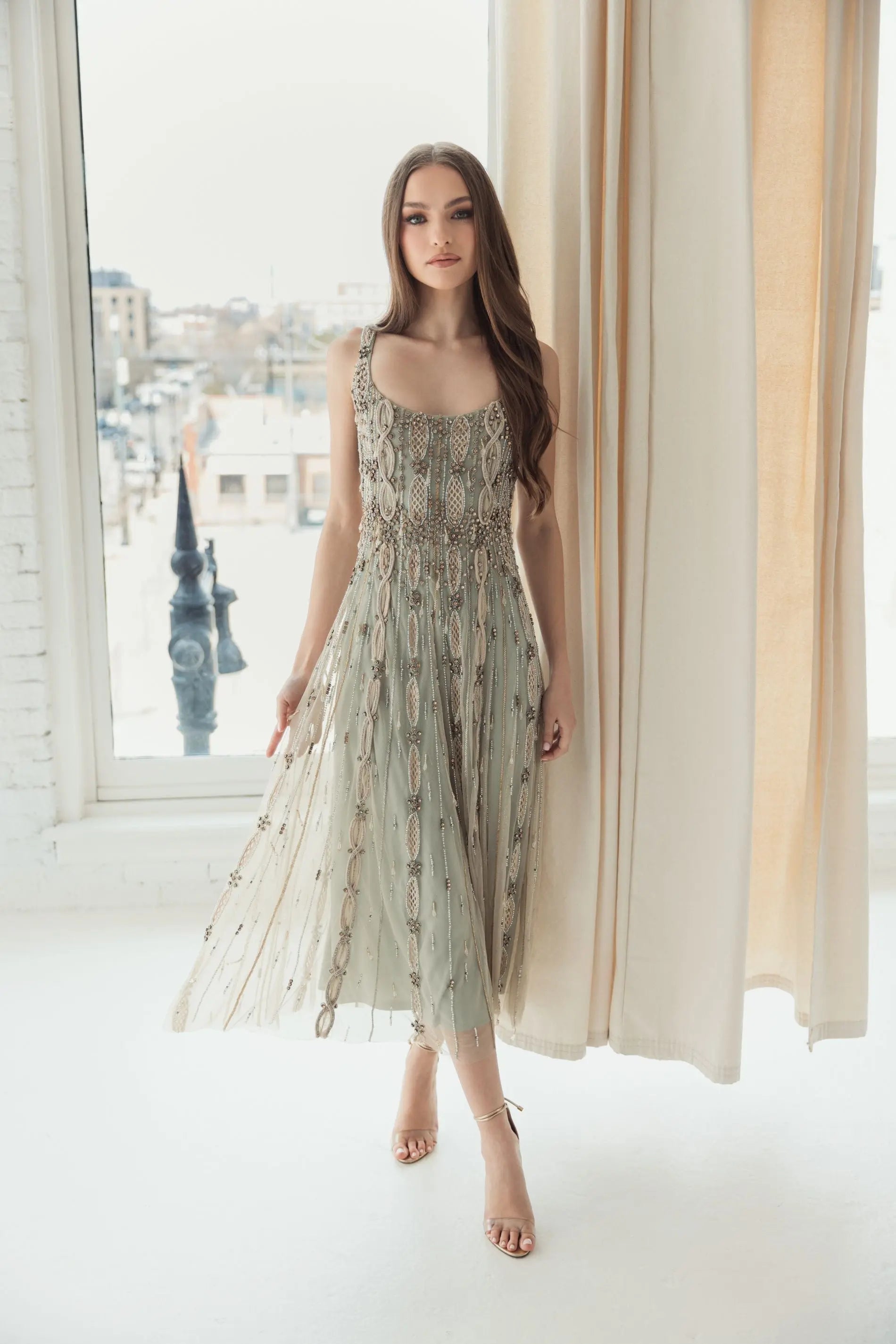 Green Embellished Mesh Sleeveless Scoop Neck Midi Dress