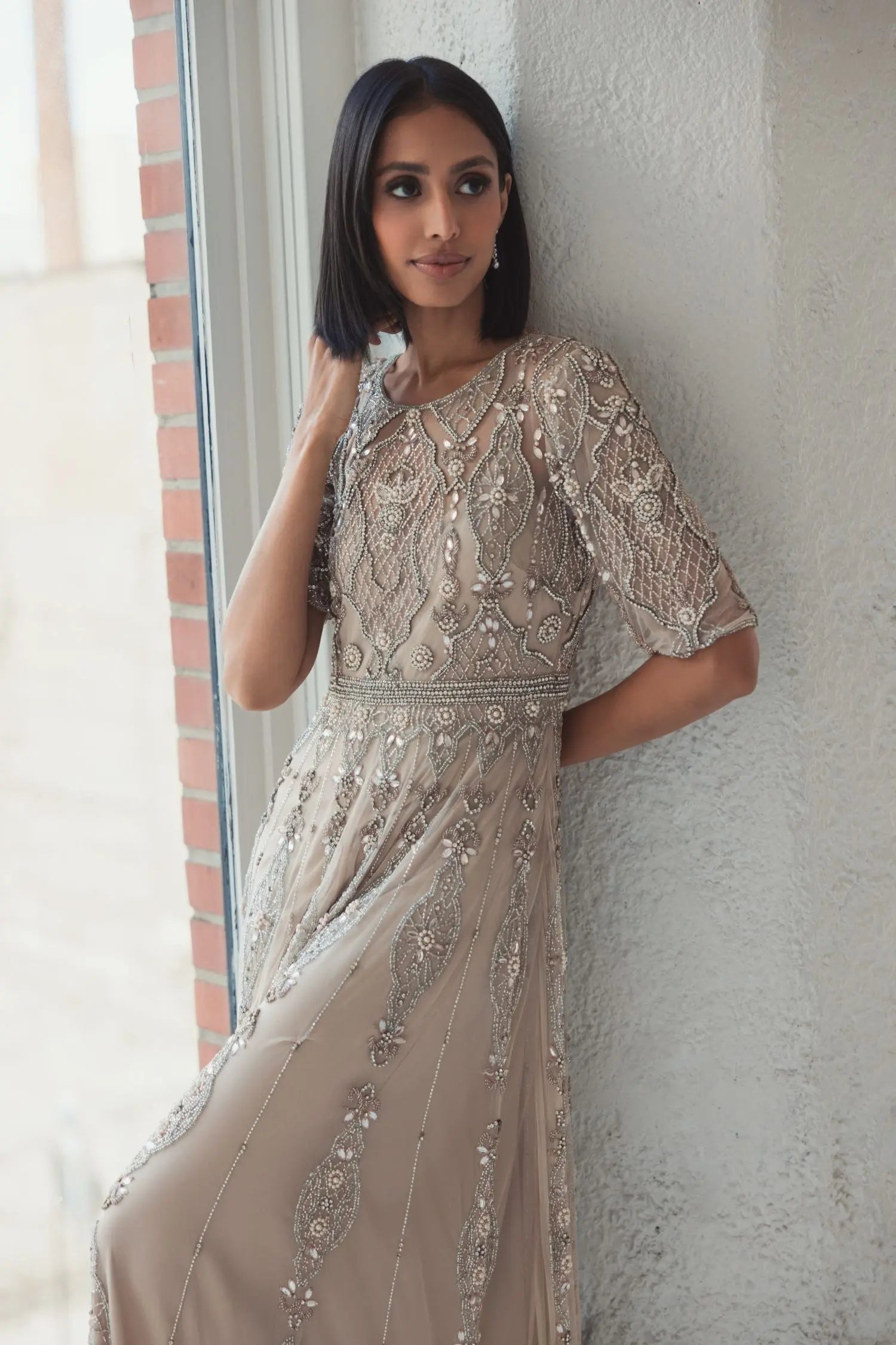 Beige 3/4 Sleeve Embellished A-line Gown