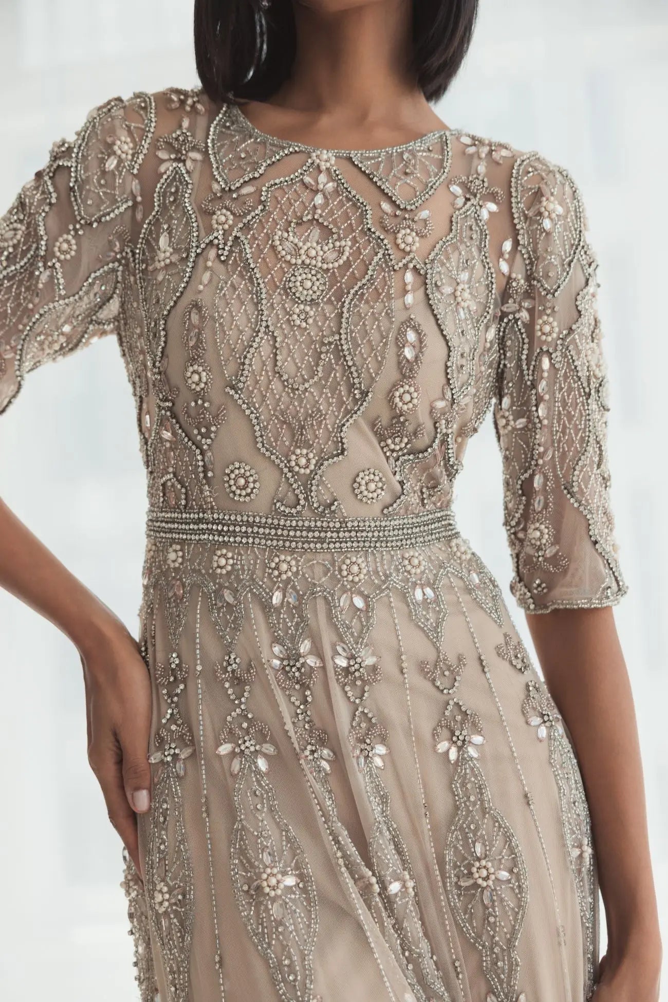 Beige 3/4 Sleeve Embellished A-line Gown