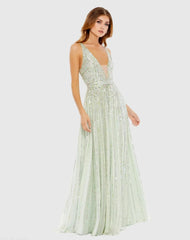 Sequin Plunge Neck Evening Gown