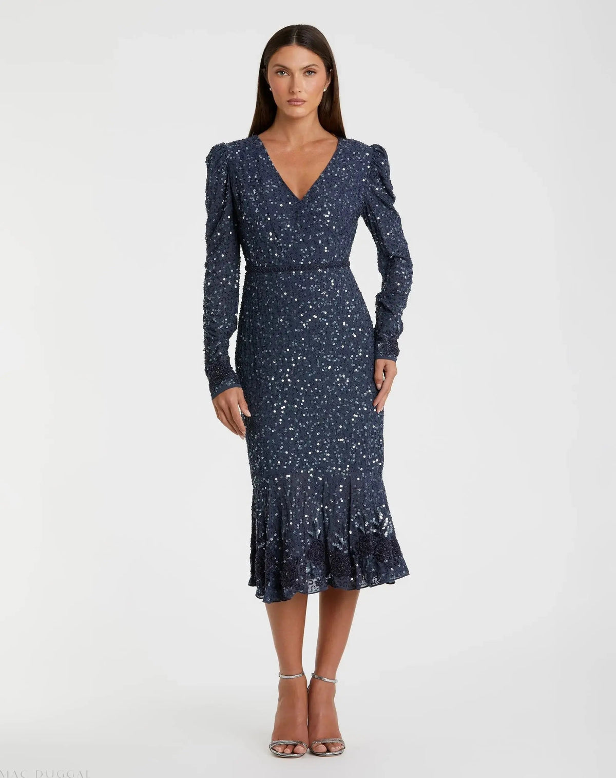 Blue Sequin Dress with Embellished Hemline and Belt