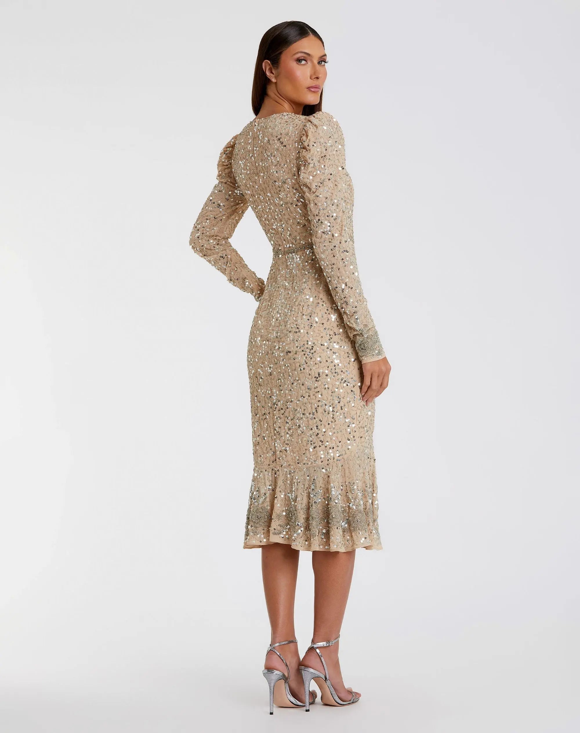 Beige Sequin Dress with Embellished Hemline and Belt