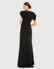 Black High Neck Flutter Cap Sleeve Gown