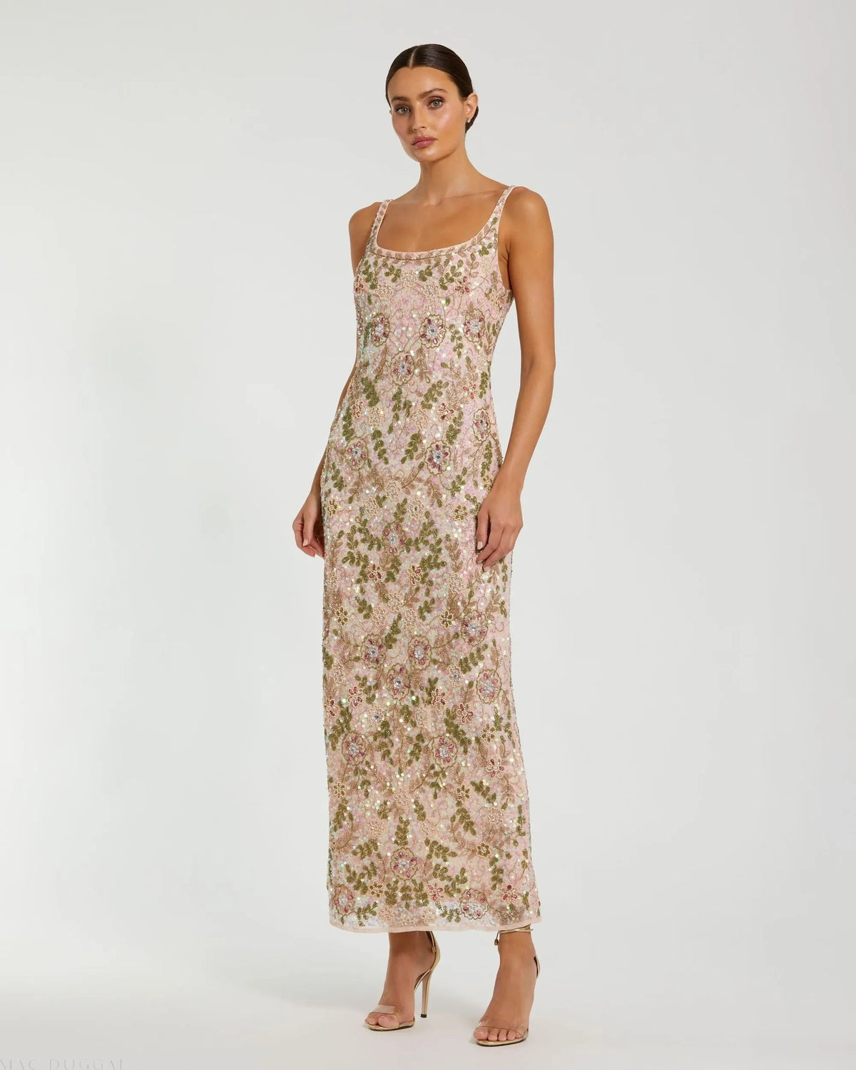 Pink Sleeveless Hand Beaded Floral Midi Dress