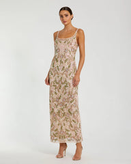 Pink Sleeveless Hand Beaded Floral Midi Dress