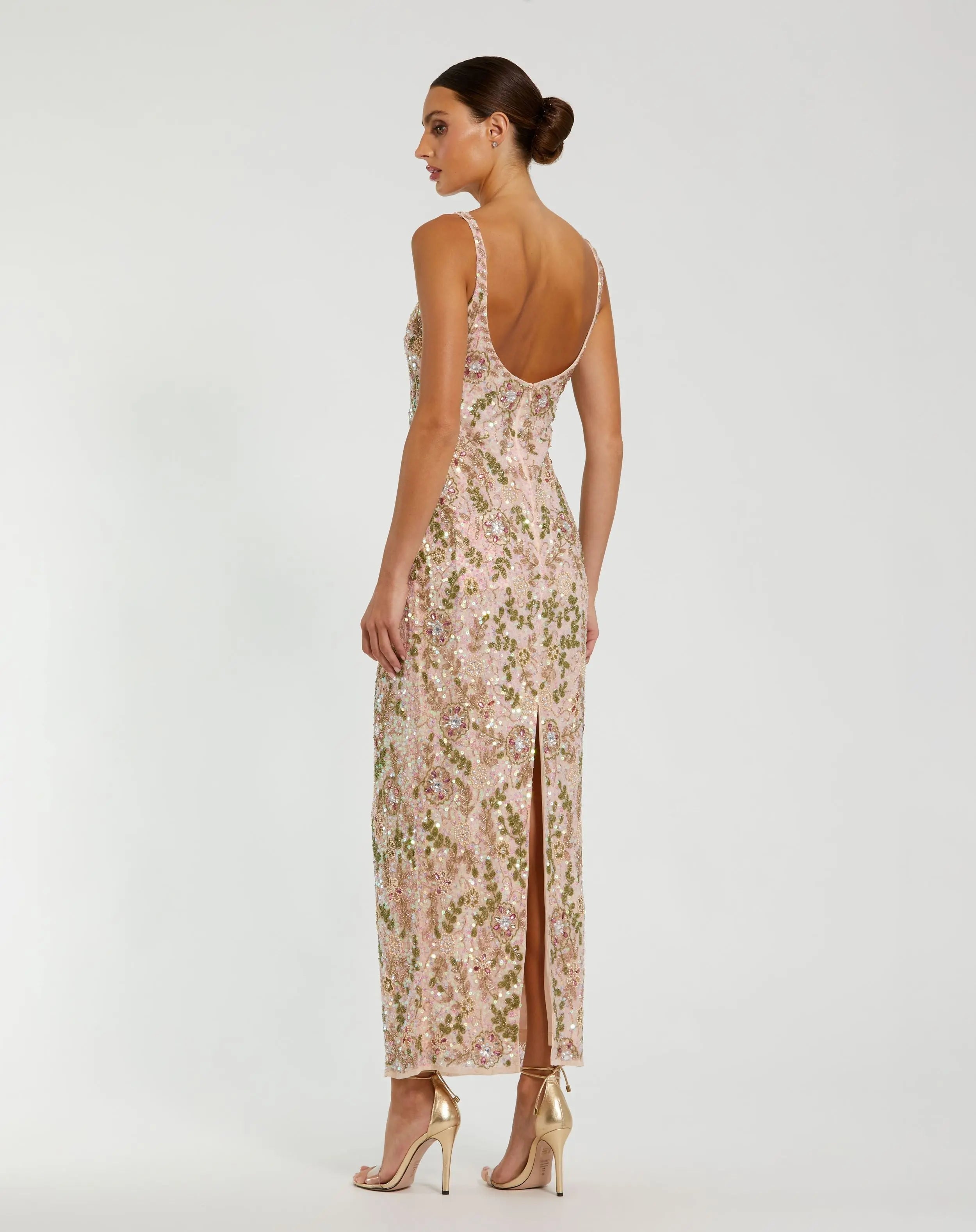 Pink Sleeveless Hand Beaded Floral Midi Dress