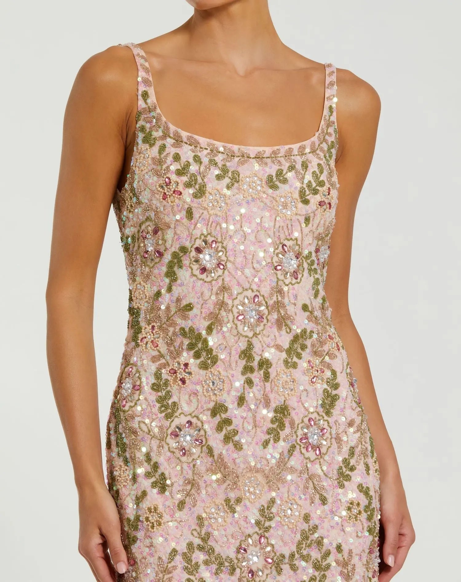 Pink Sleeveless Hand Beaded Floral Midi Dress