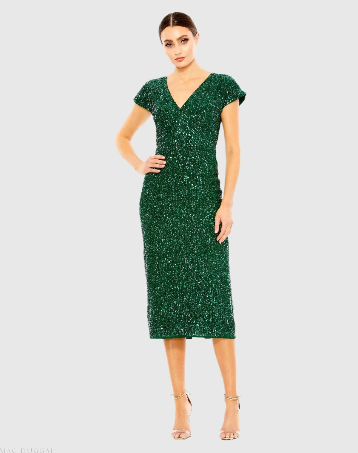 Sequined Cap Sleeve Wrap Over Cocktail Dress