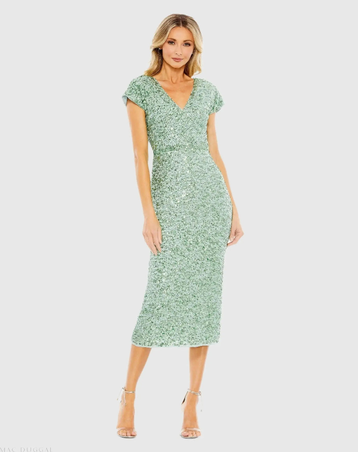 Green Sequined Cap Sleeve Wrap Over Cocktail Dress