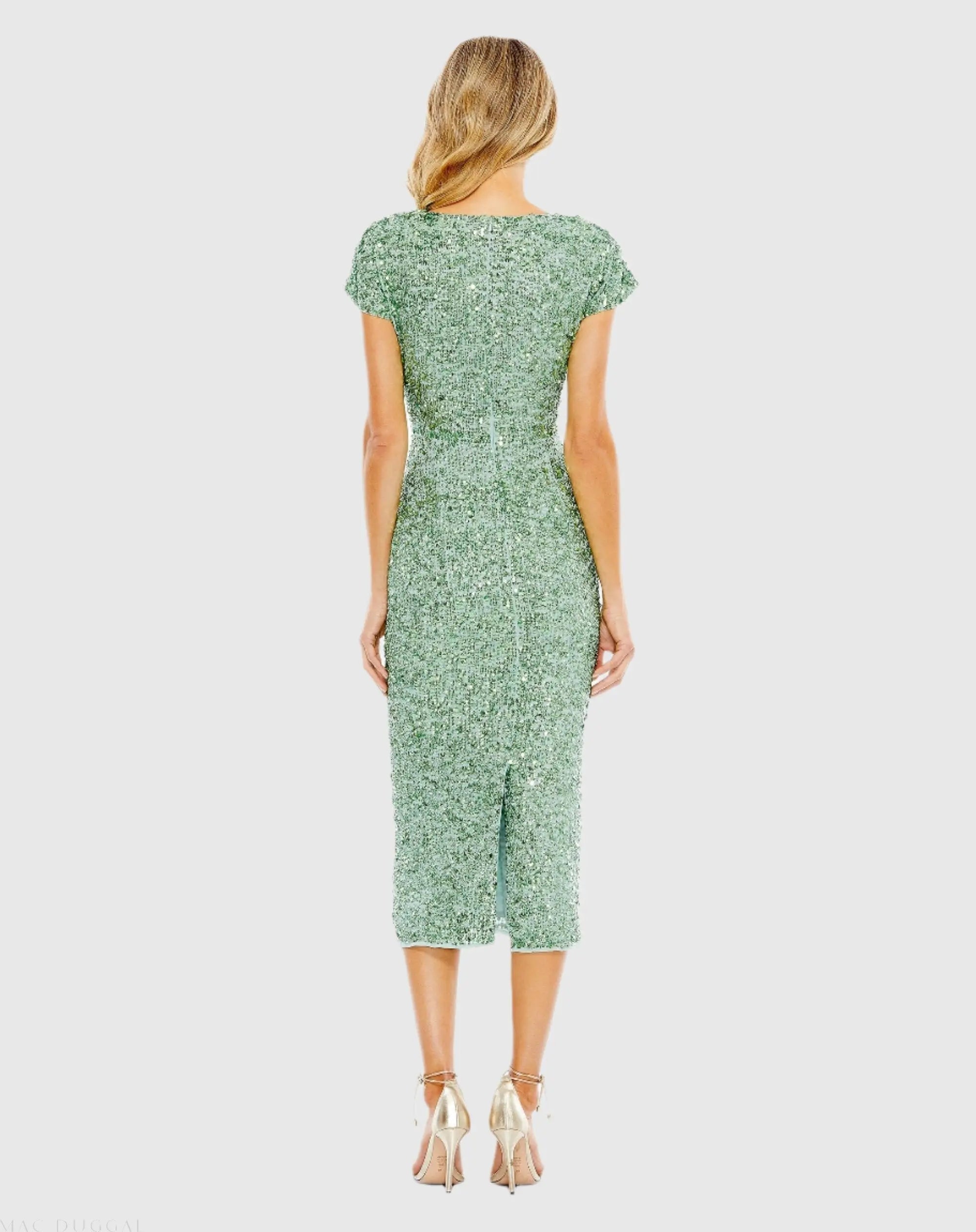 Green Sequined Cap Sleeve Wrap Over Cocktail Dress