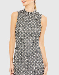 Gray Embellished High Neck Sleeveless Sheath Dress