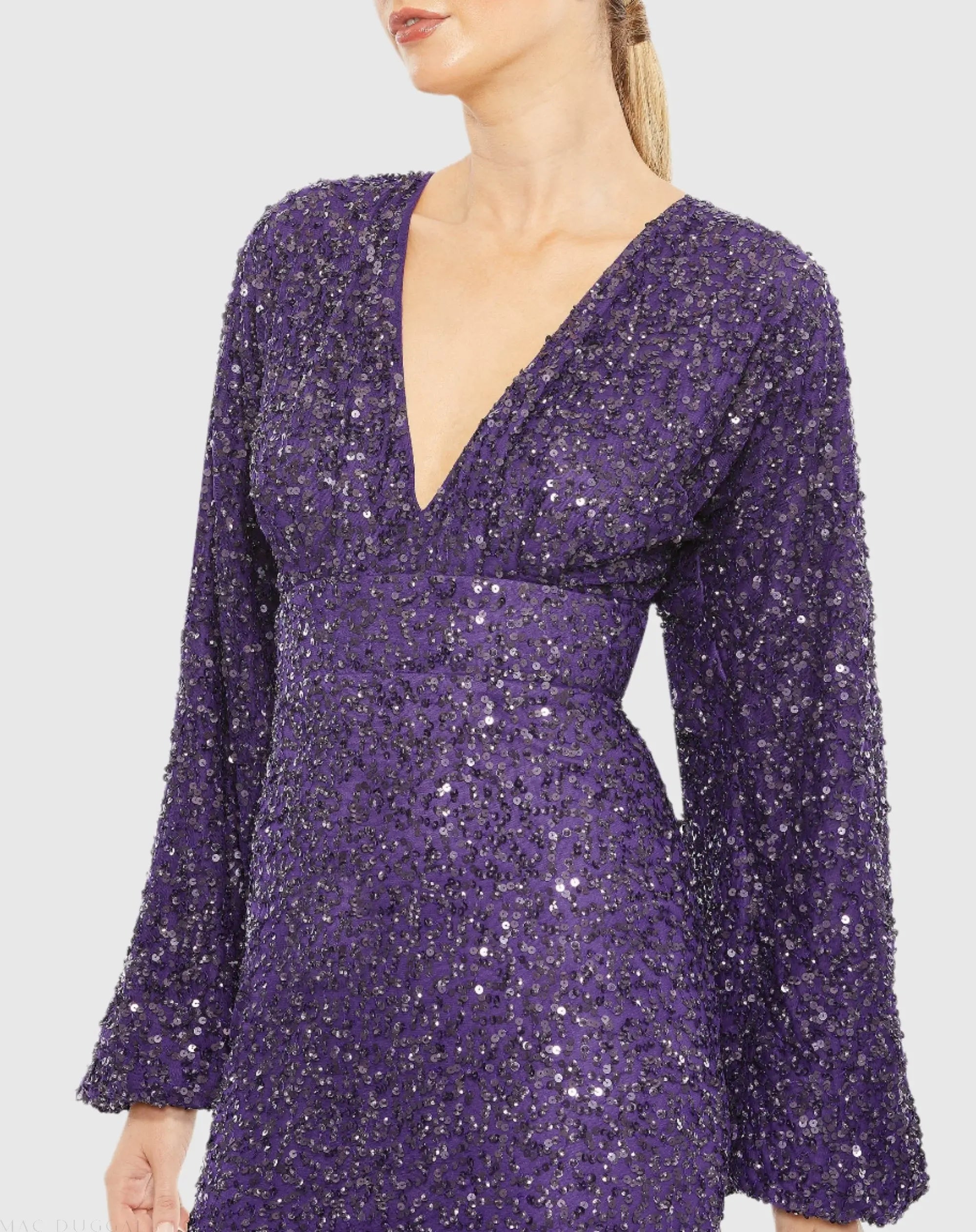 Purple Sequined Puff Sleeve V Neck Gown