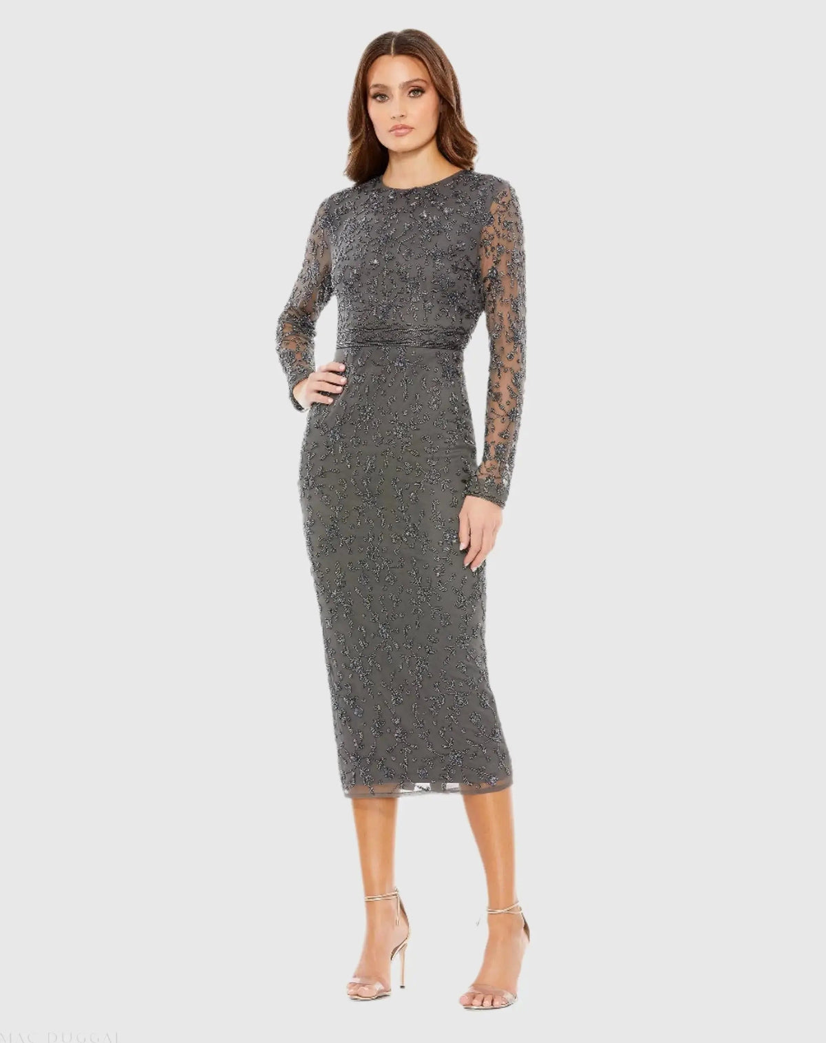 Gray Beaded Tea Length Dress w/ Sheer Sleeves