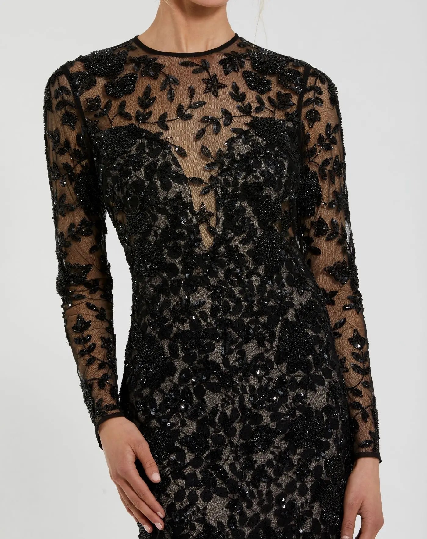 Black Long Sleeve Floral Embellished Gown