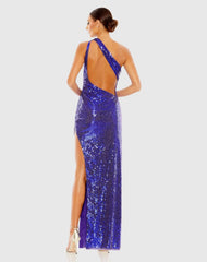 Purple Sequined One Shoulder Asymmetrical Hem Gown