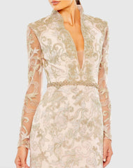 Pink Queen Anne Lace Long Sleeve V-Neck Trumpet  Gown