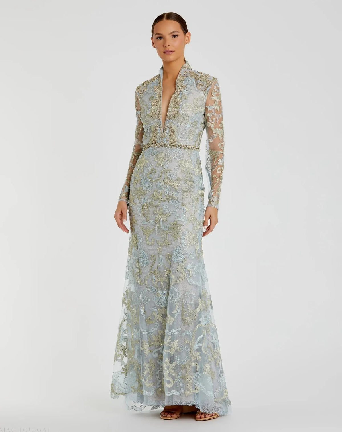 Blue Queen Anne Lace  Long Sleeve  V-Neck Trumpet Gown
