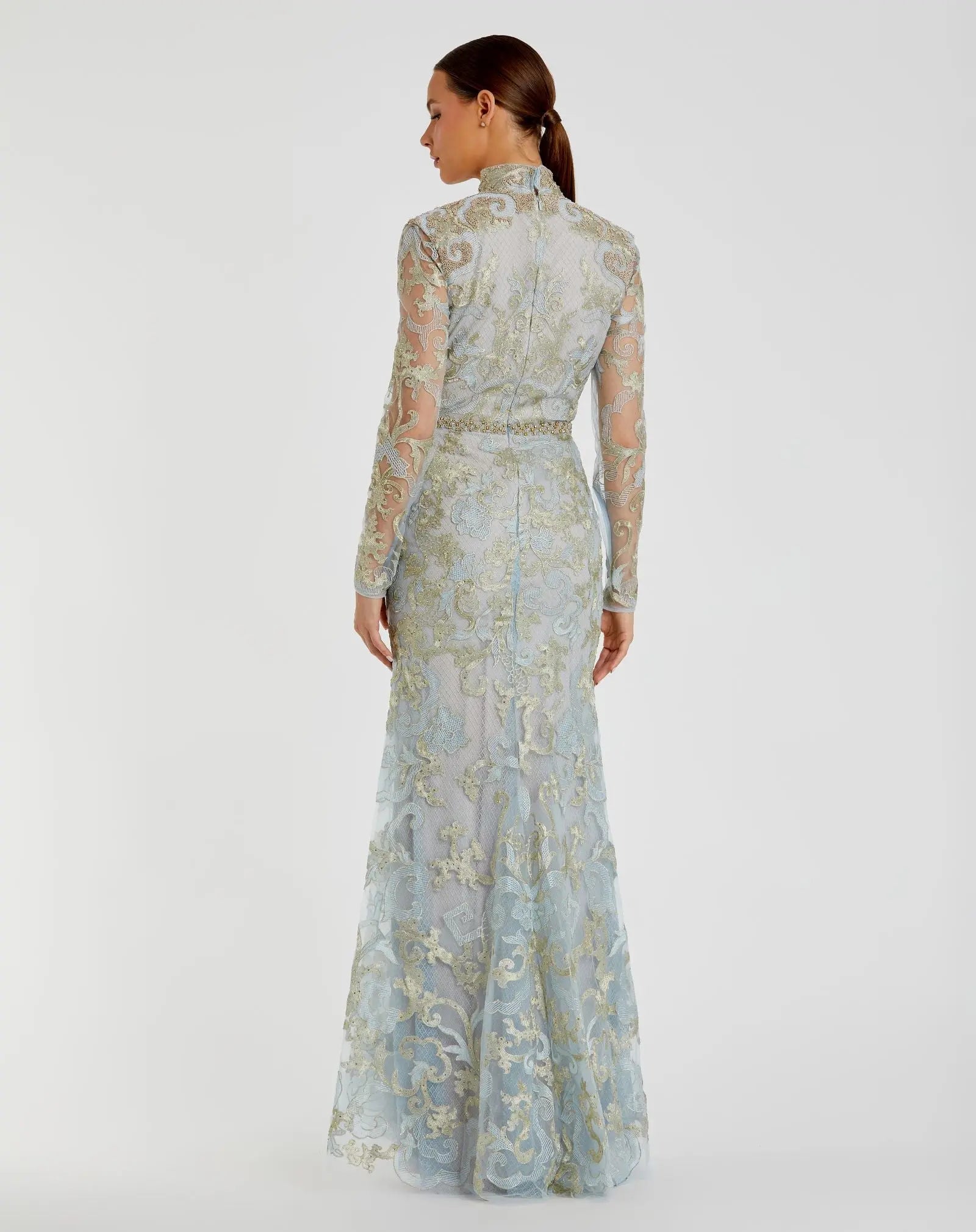 Blue Queen Anne Lace  Long Sleeve  V-Neck Trumpet Gown
