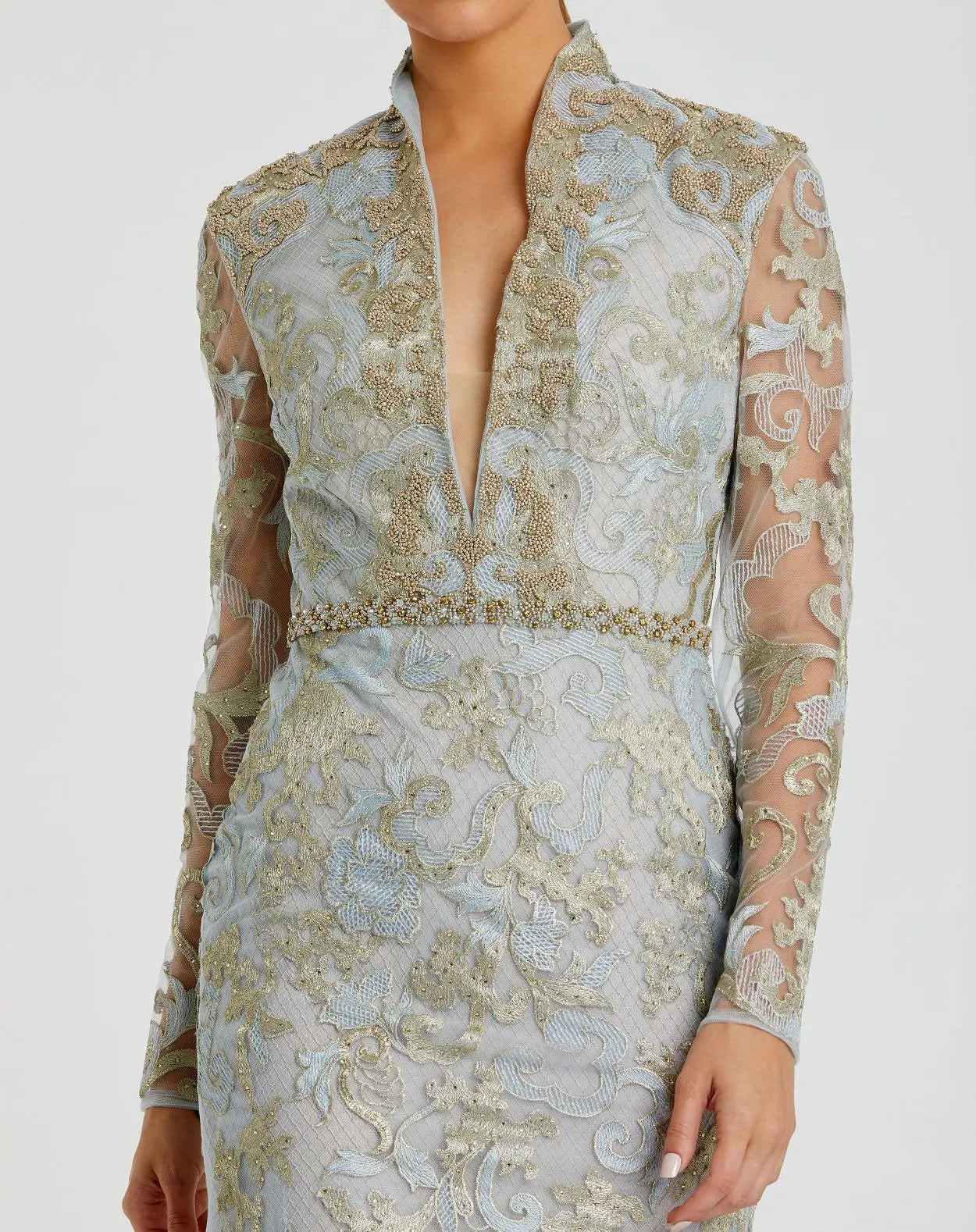 Blue Queen Anne Lace  Long Sleeve  V-Neck Trumpet Gown