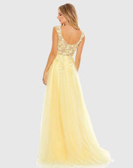 Yellow Embellished Illusion Bustier A Line Gown