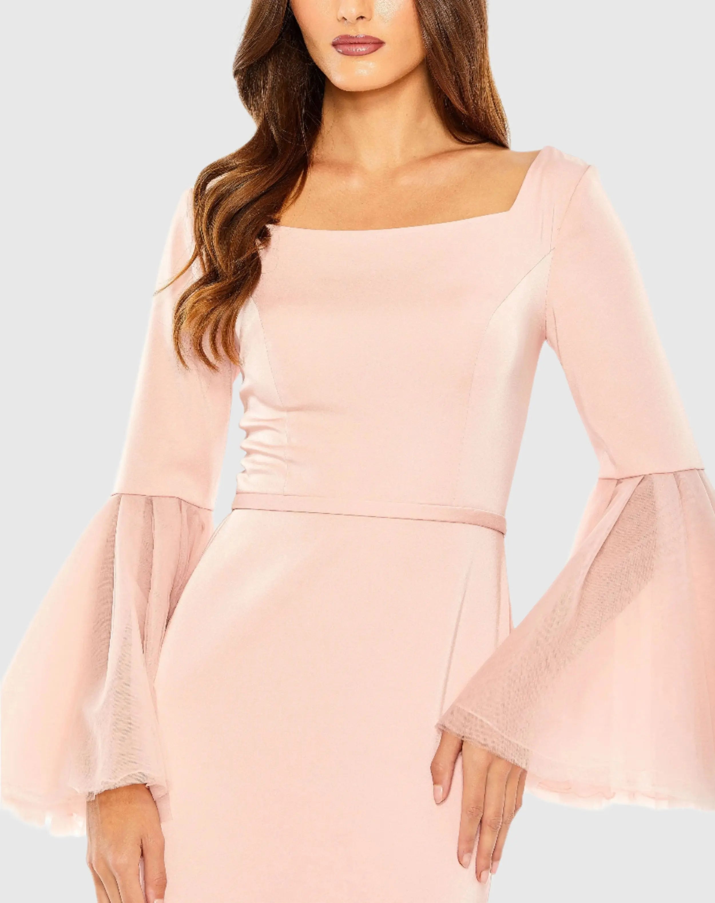 Pink Flounce Sleeve Square Neck Column Gown