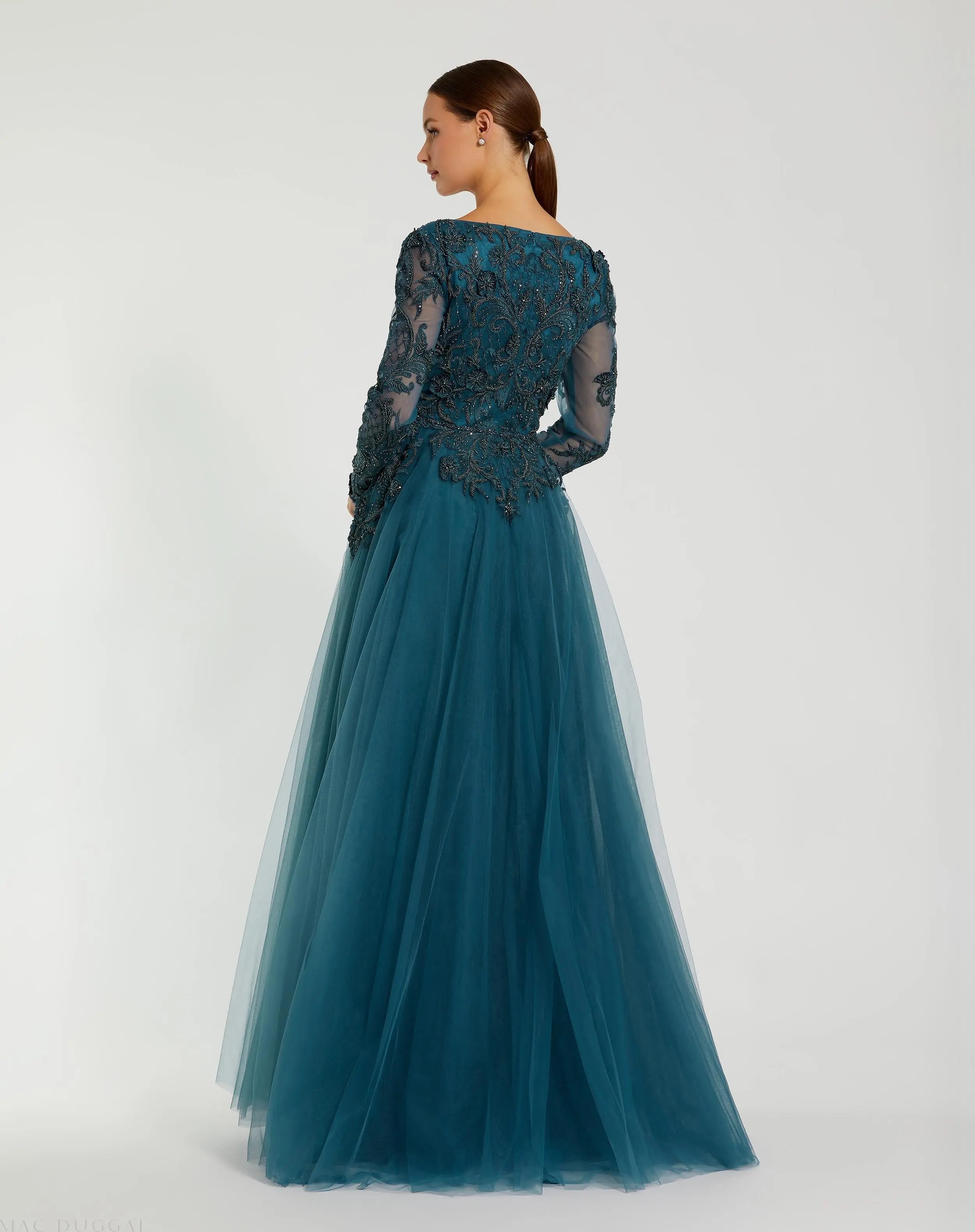 Teal Long Sleeve Embellished Tulle Gown