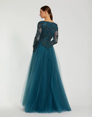 Teal Long Sleeve Embellished Tulle Gown