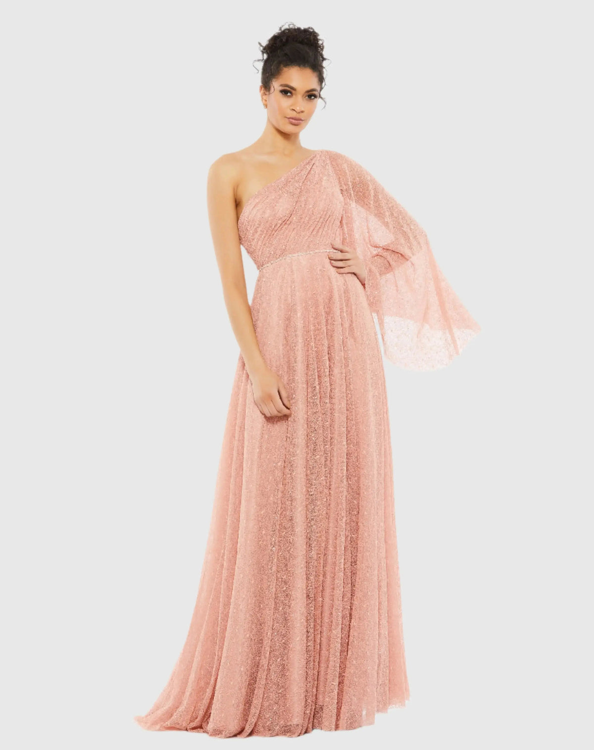 Lace One Shoulder Illusion Sleeve A Line Gown