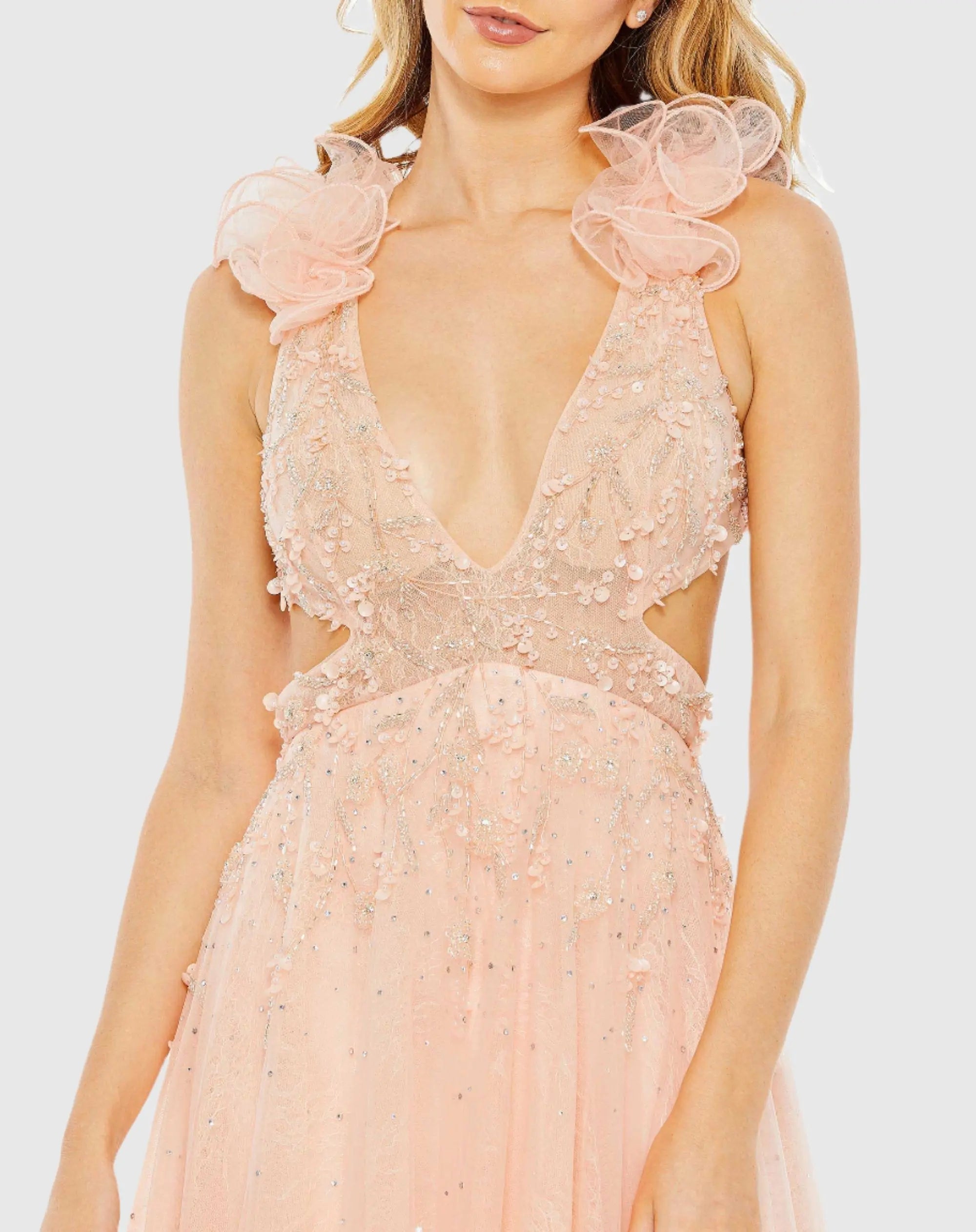 Pink Embellished Ruffle Shoulder Cut Out A Line Gown