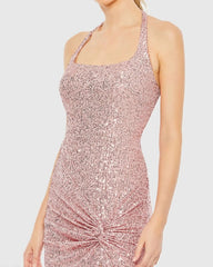 Pink Sequined Halter Strap Low Side Knot Gown