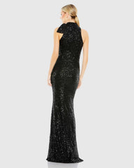 Black Soft Tie Halter Neck Sequin Gown