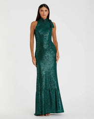 Green Soft Tie Halter Neck Sequin Gown