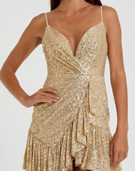 Gold Sequined Faux Wrap Ruffled Hem Mini Dress