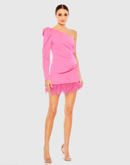 Feather Trim One Shoulder Draped Mini Dress - FINAL SALE