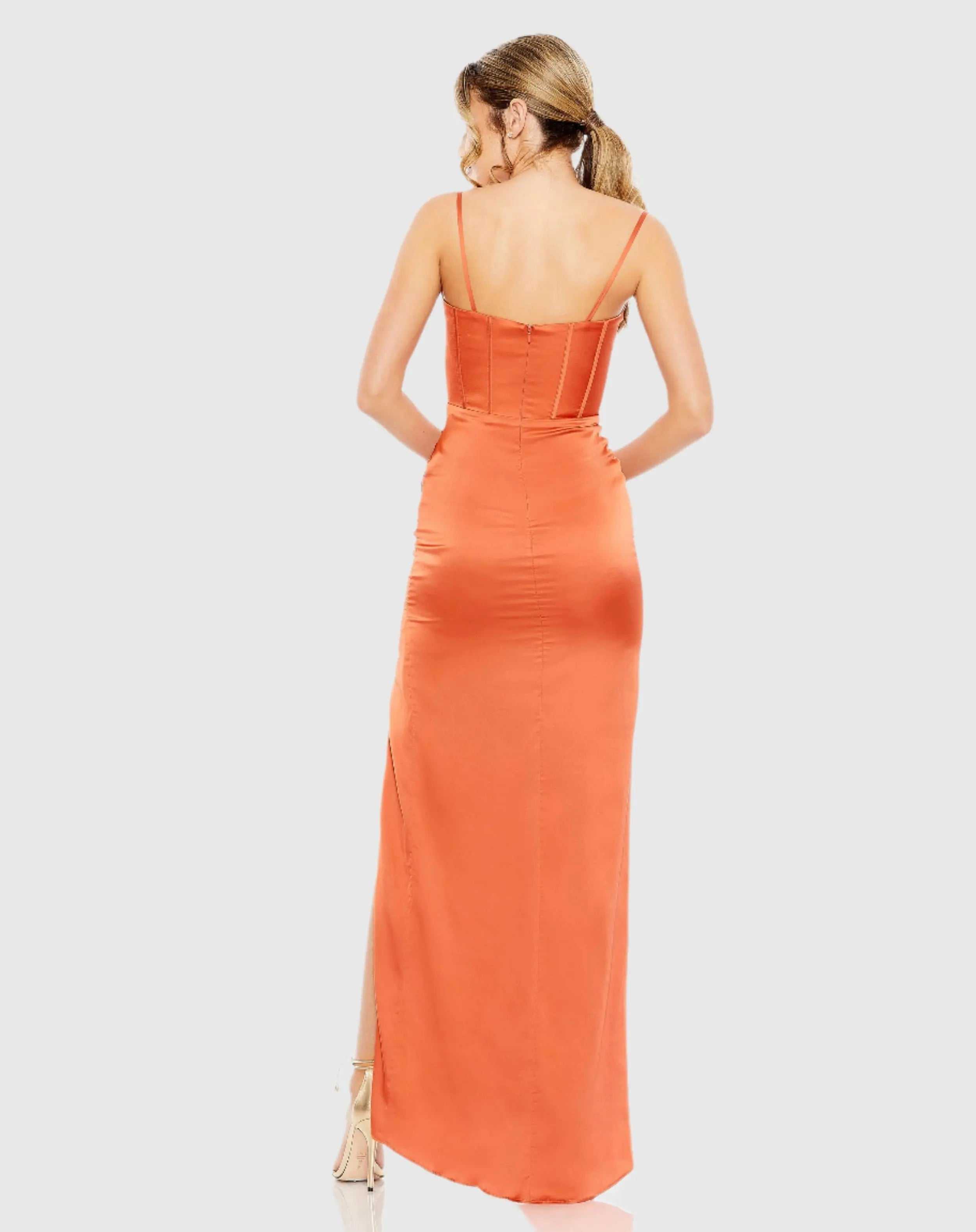 Orange Bustier Side Ruched Bodycon Gown