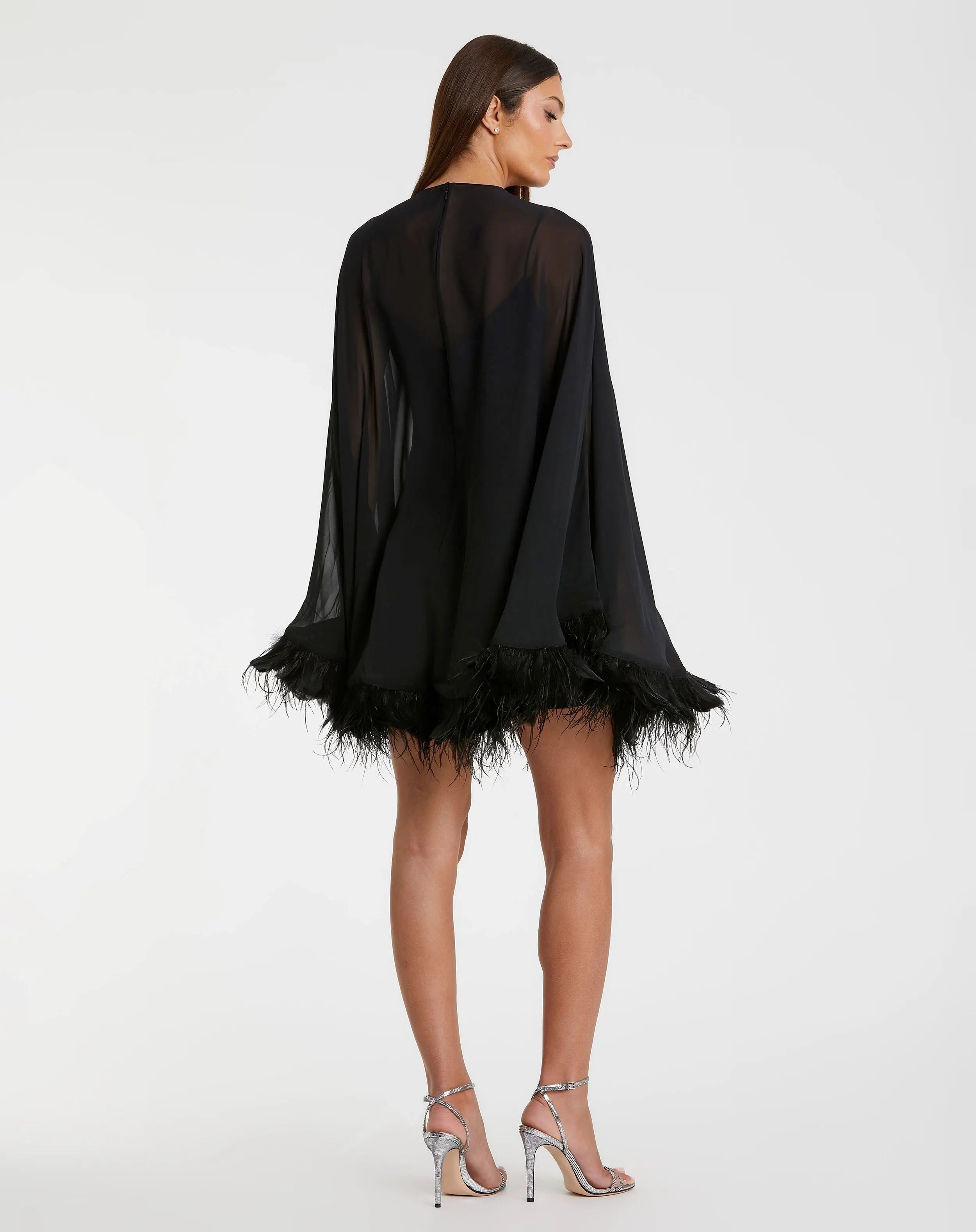 Black Trapeze Feather Trim Mini Dress