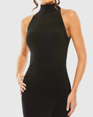 Black Jersey Halter Gown with Feather Tiered Detail