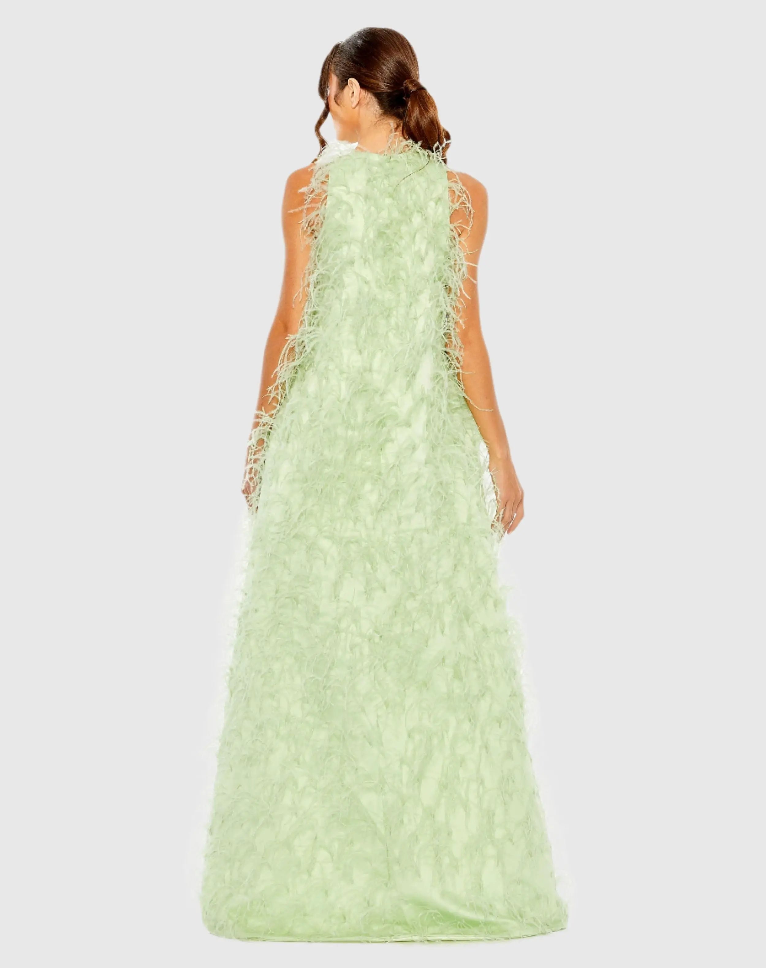Green Sleeveless Feather Embellished Trapeze Gown