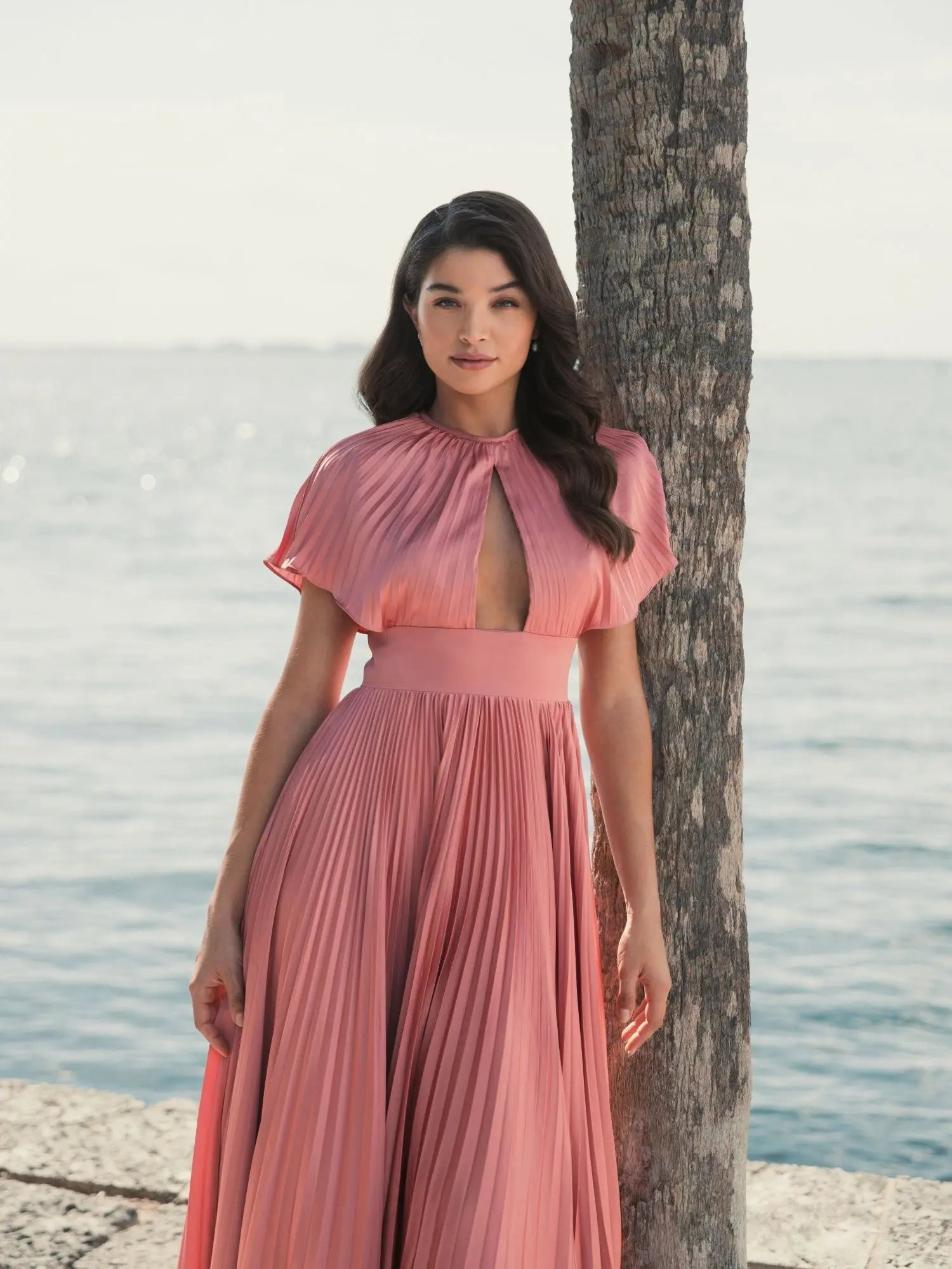 Pink Front Cutout High Low Pleated Gown