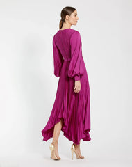 Purple Long Sleeve Pleated Charmeuse Handkerchief Dress