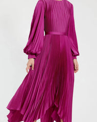 Purple Long Sleeve Pleated Charmeuse Handkerchief Dress