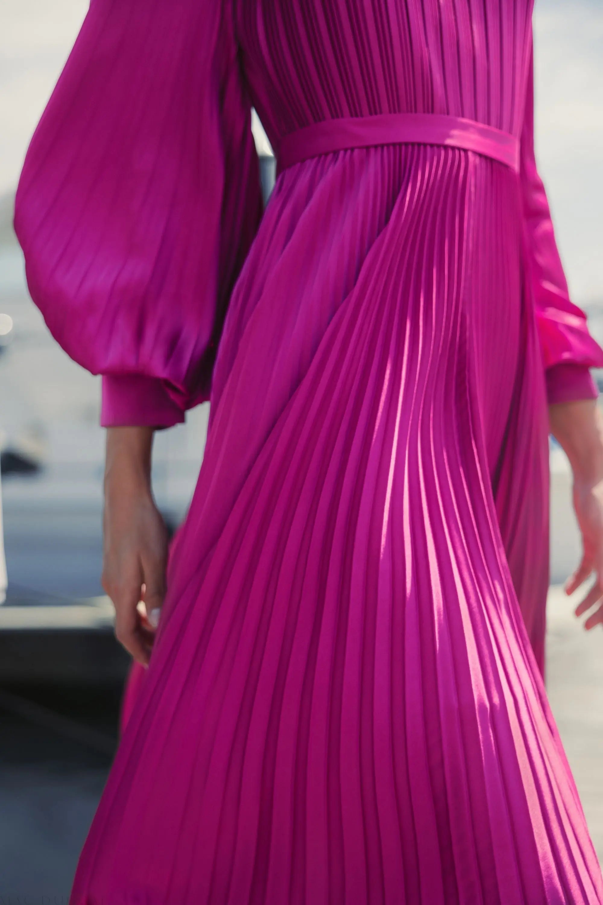 Purple Long Sleeve Pleated Charmeuse Handkerchief Dress