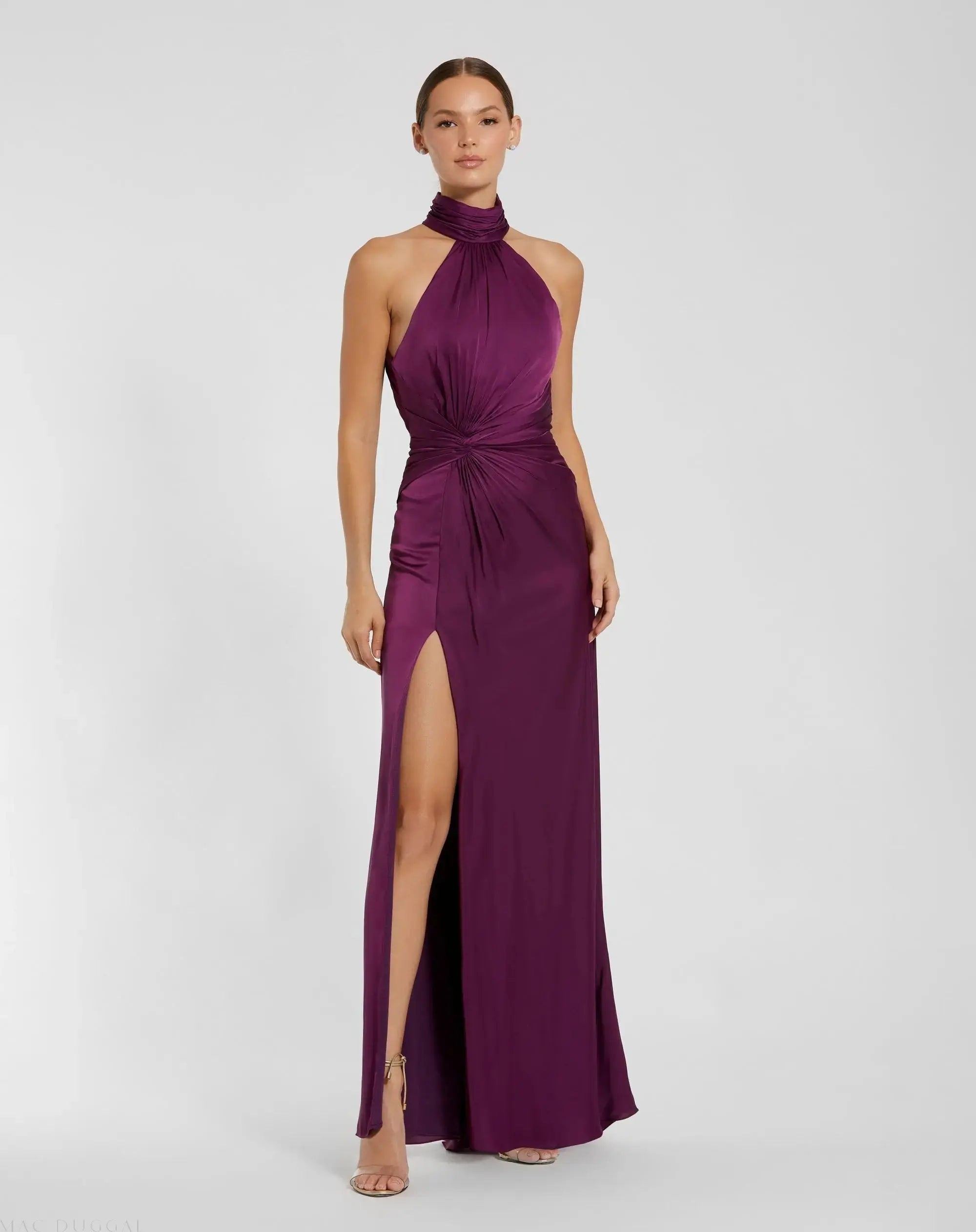 Open Back High Neck Side Ruched Gown
