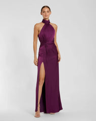 Purple Open Back High Neck Side Ruched Gown