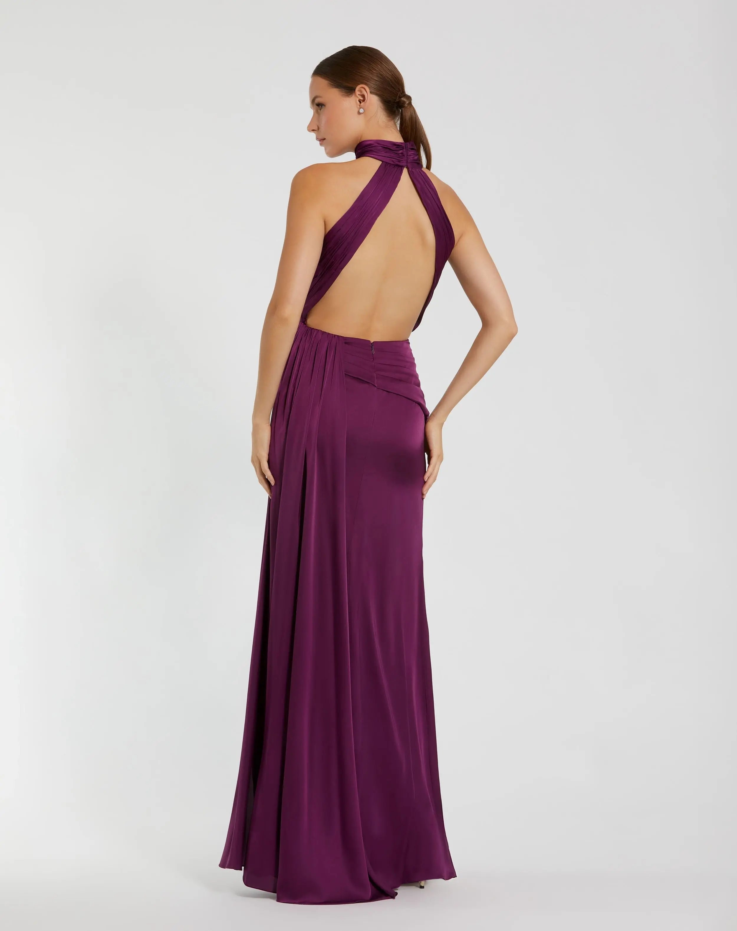 Purple Open Back High Neck Side Ruched Gown