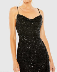 Black Sequined Cowl Neck Mini Dress